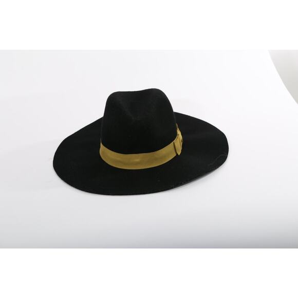 Vintage Black Fedora Hat Gold Band Trim Wide Brim Classic Elegant Unisex Style - Picture 1 of 6